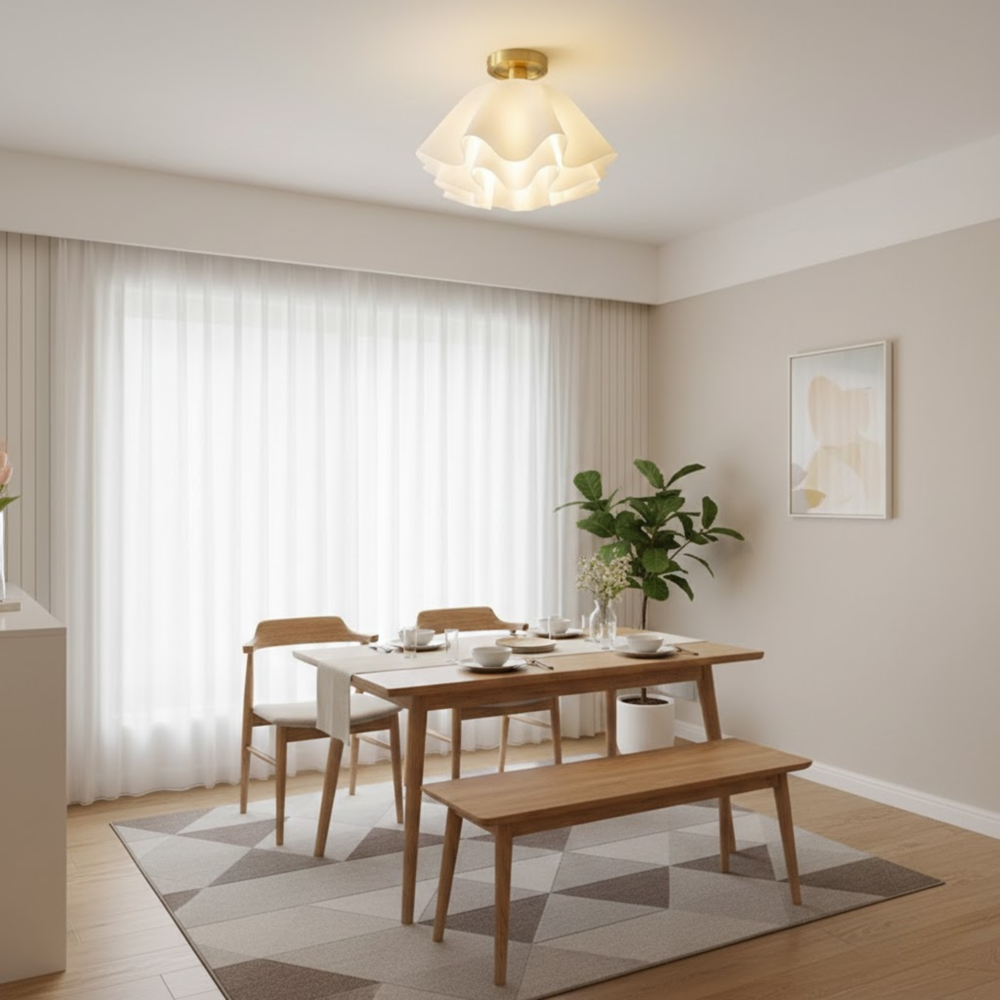 Moderne witte plafondlamp met golvende, meerlaagse kap