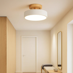 Scandinavian Ceiling Lamp with Low Iron Base and Wooden Drum Shade