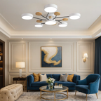 Moderne loftlampe med runde skiver og subtilt trælook