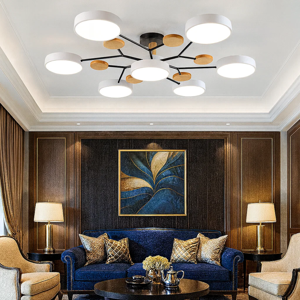 Moderne loftlampe med runde skiver og subtilt trælook