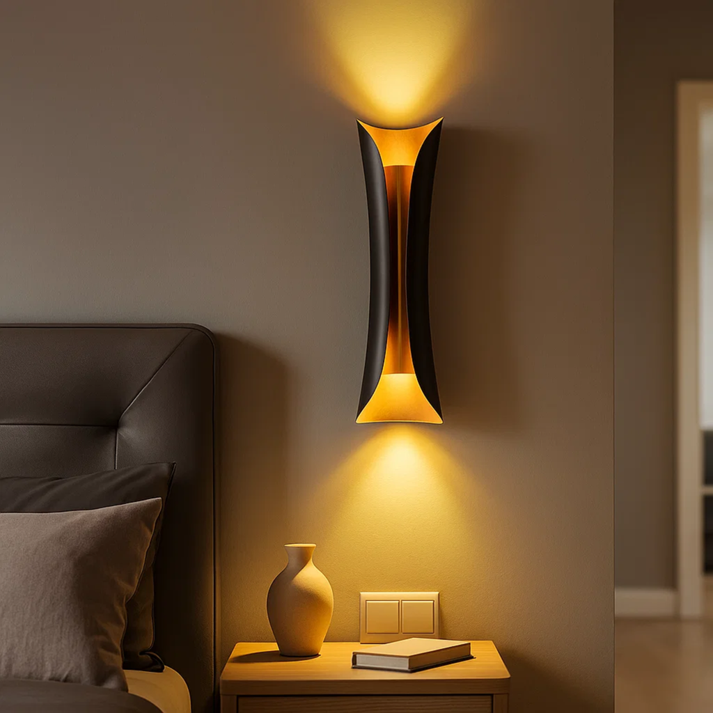 Moderne wandlamp met gebogen ontwerp in zwart-metallic afwerking