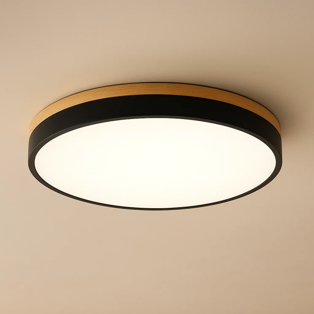 Ronde plafondlamp met warme houtlook en zacht