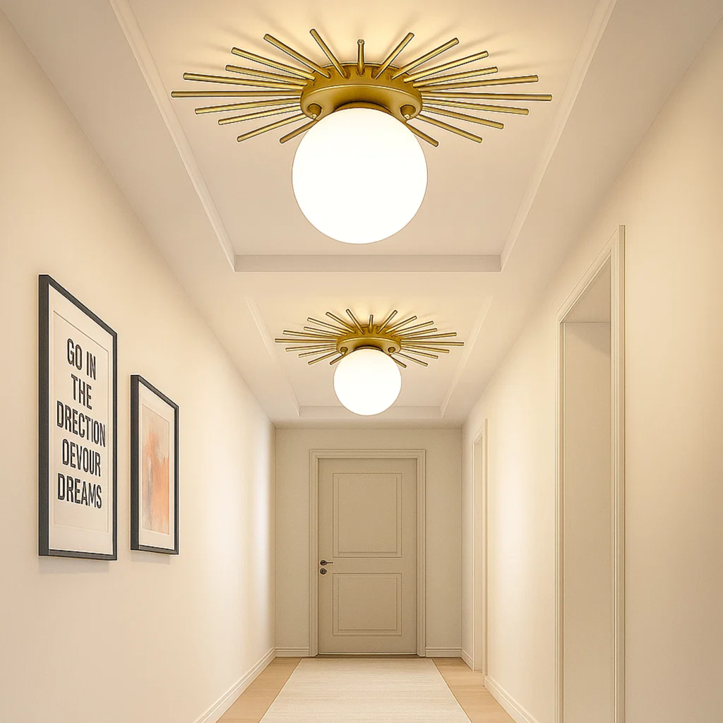 Modern Gold-Colored Ceiling Lamp with Spherical Frosted Glass Shade