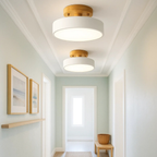 Scandinavian Ceiling Lamp with Low Iron Base and Wooden Drum Shade