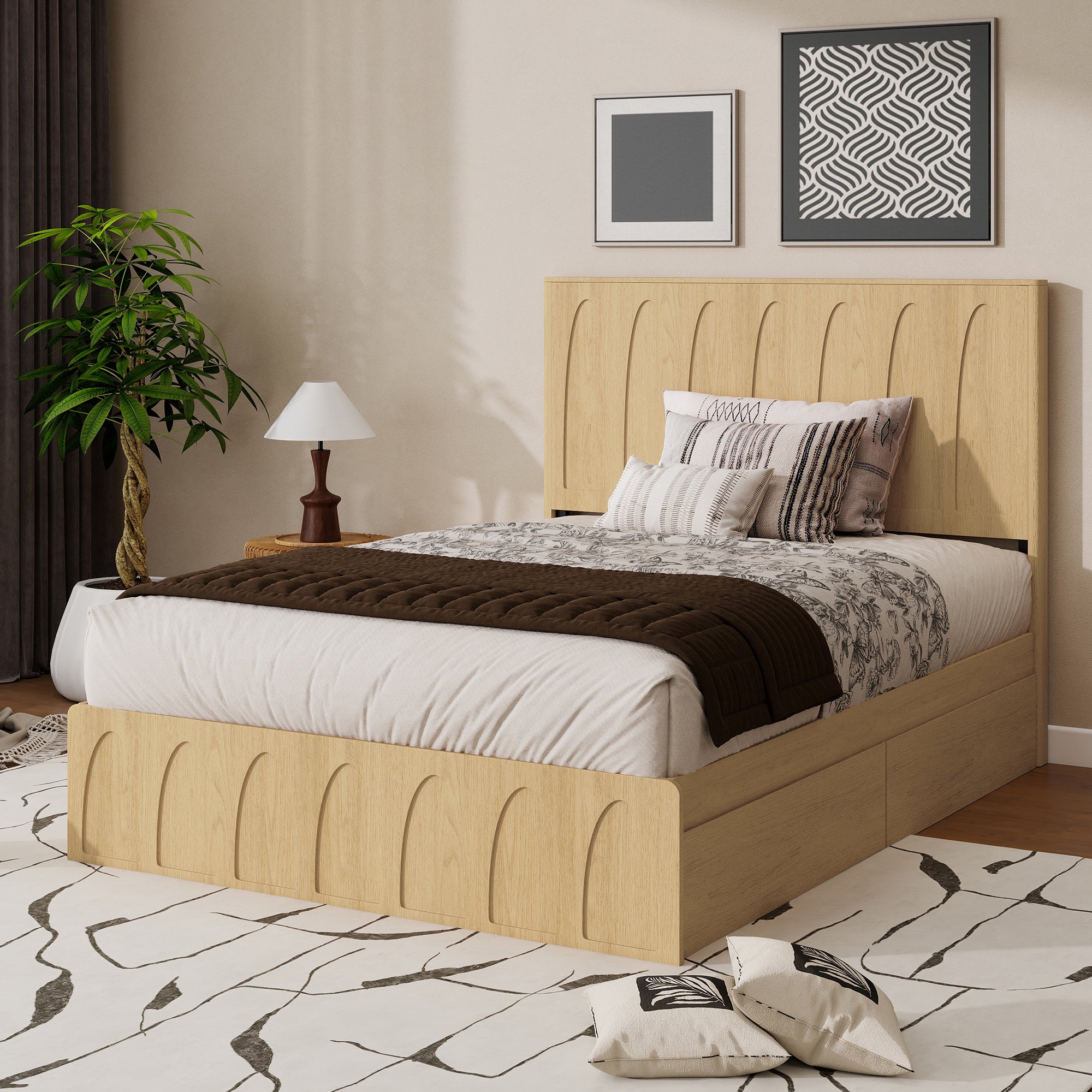 Dita Curved Solid Wood Queen Platform Bed Frame