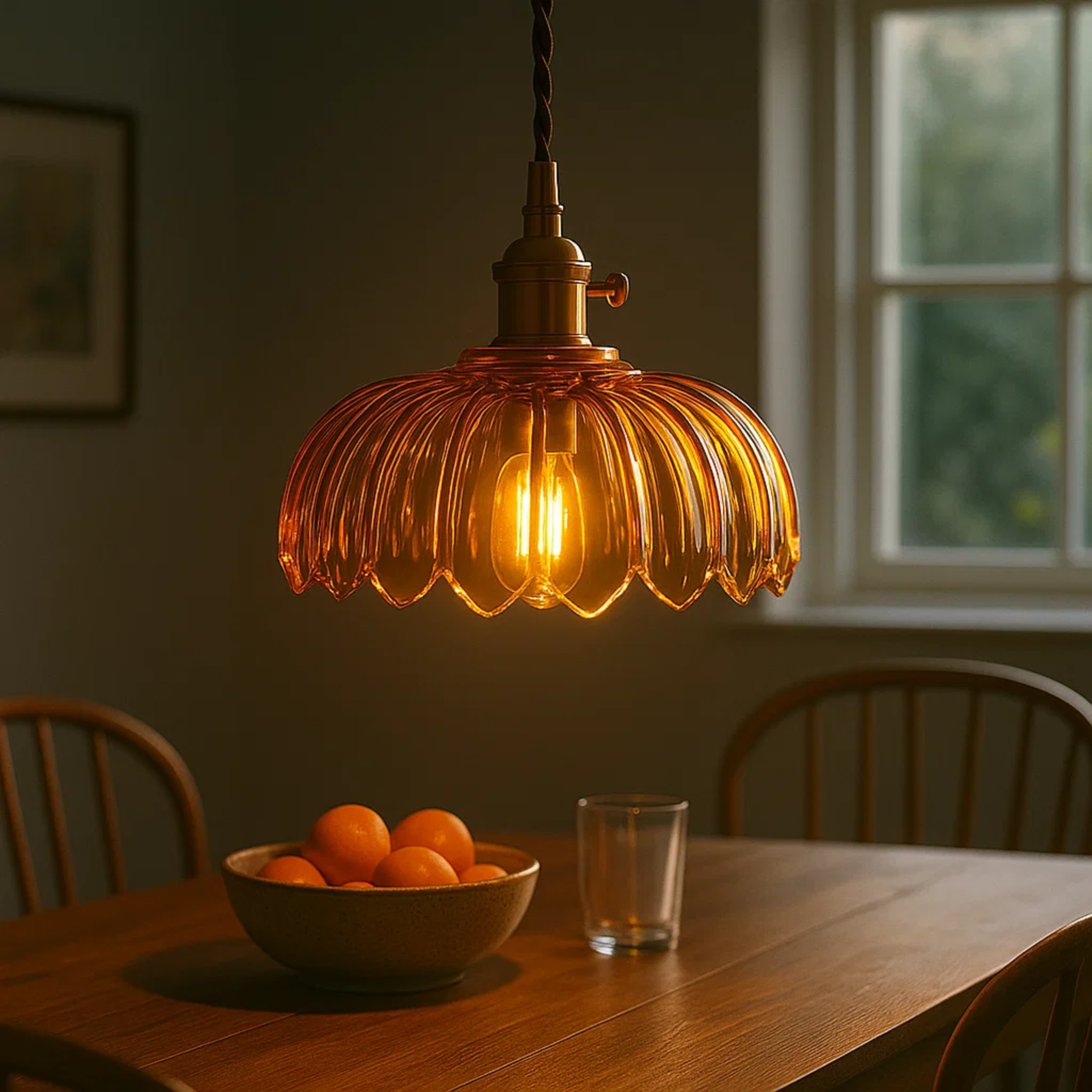 Klassieke bloemvormige glazen hanglamp met golvende rand