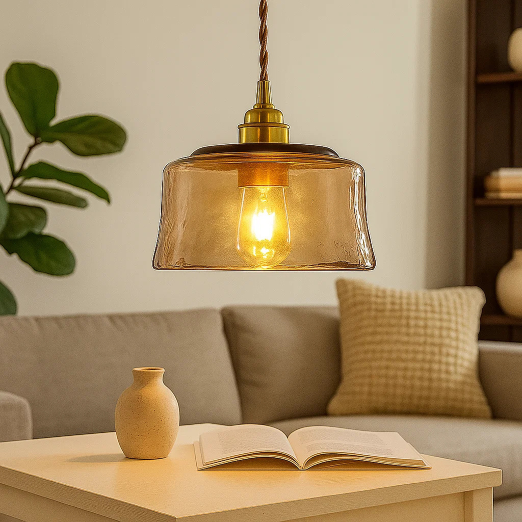 Rustic Pendant Lamp with Round Amber Glass Shade