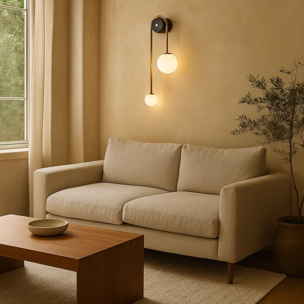 Moderne wandlamp met twee opaalglazen bollen in messing kleur