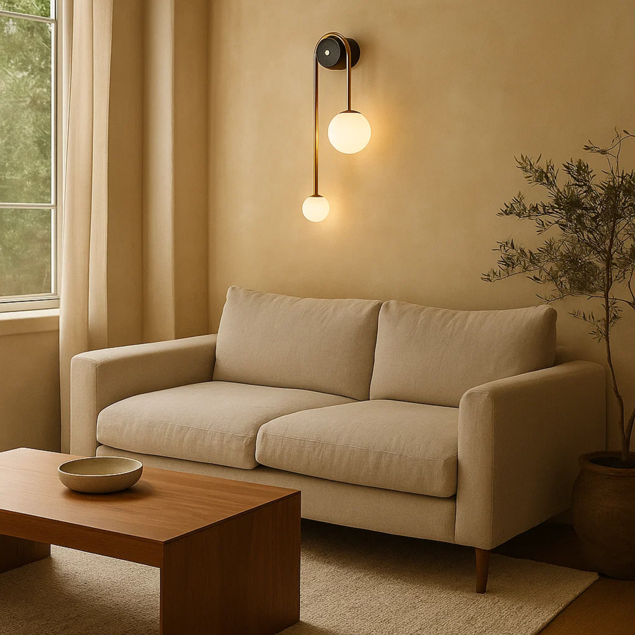 Moderne wandlamp met twee opaalglazen bollen in messing kleur