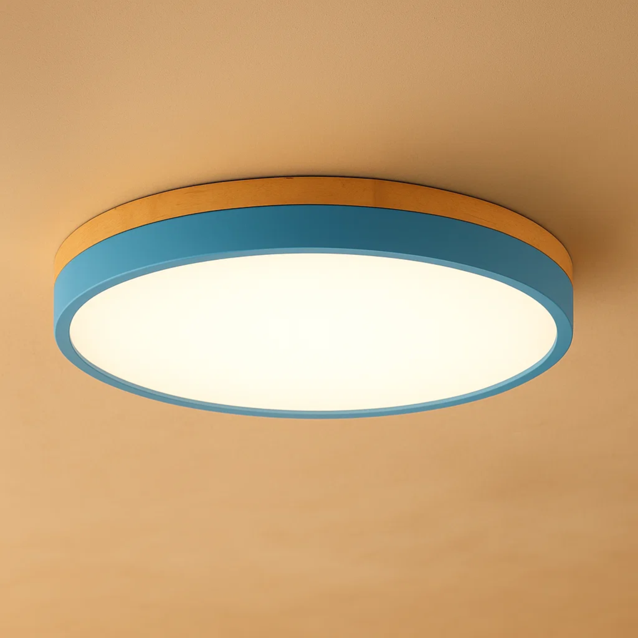 Ronde plafondlamp met warme houtlook en zacht