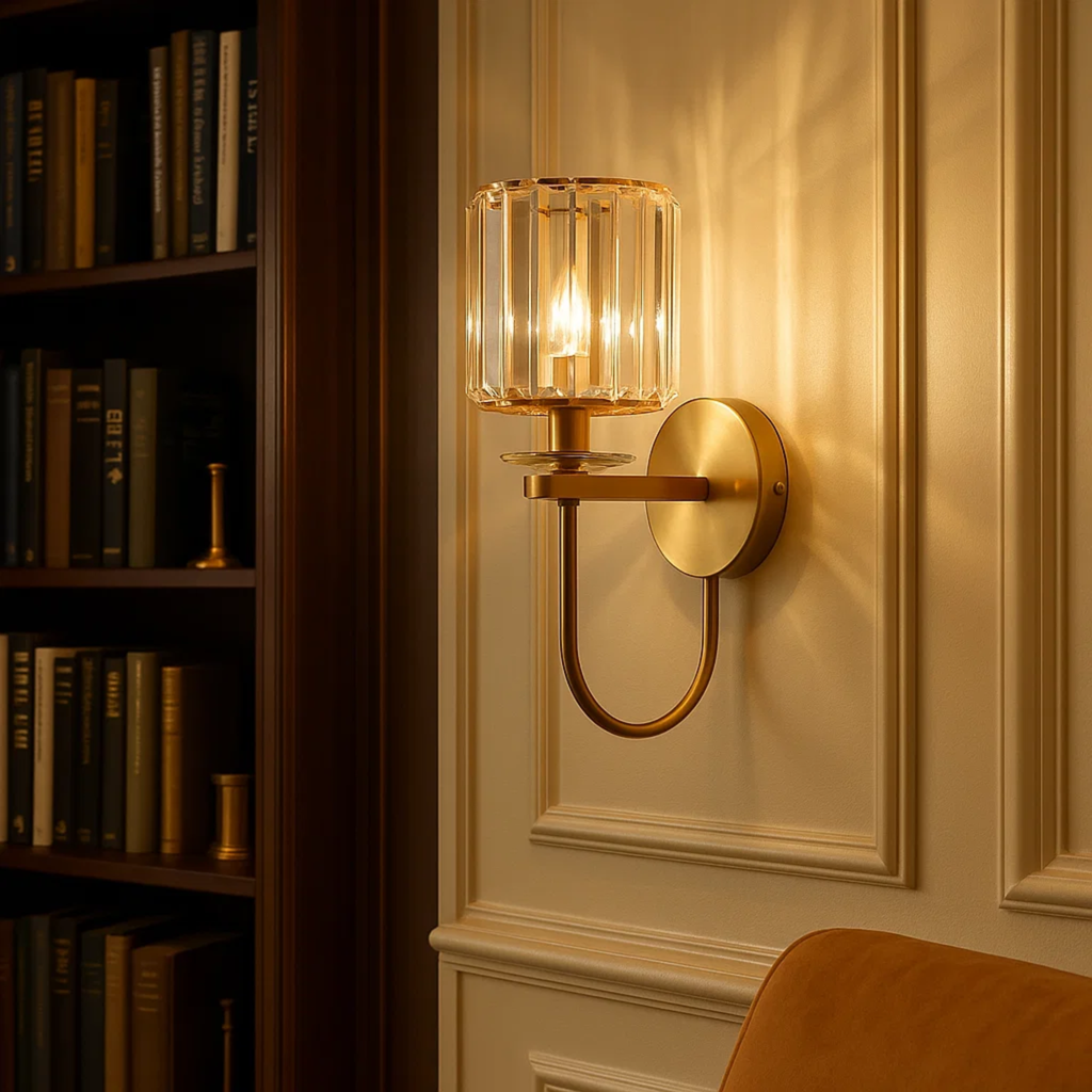 Moderne kristallen wandlamp met cilinderkap en gebogen arm