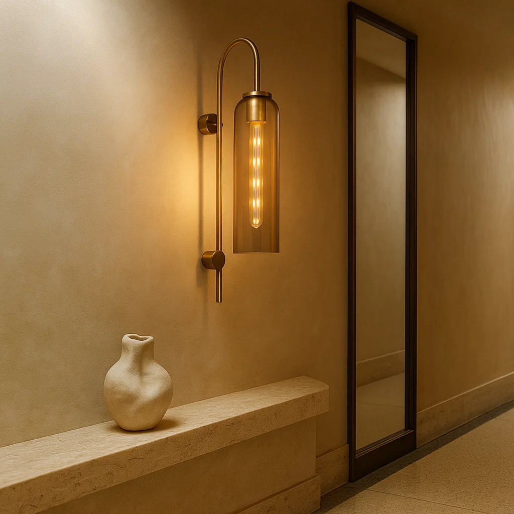 Metalen zwanenhals-wandlamp met glazen kap