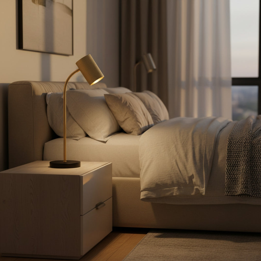Cairo Table Lamp on bedside table in luxurious bedroom