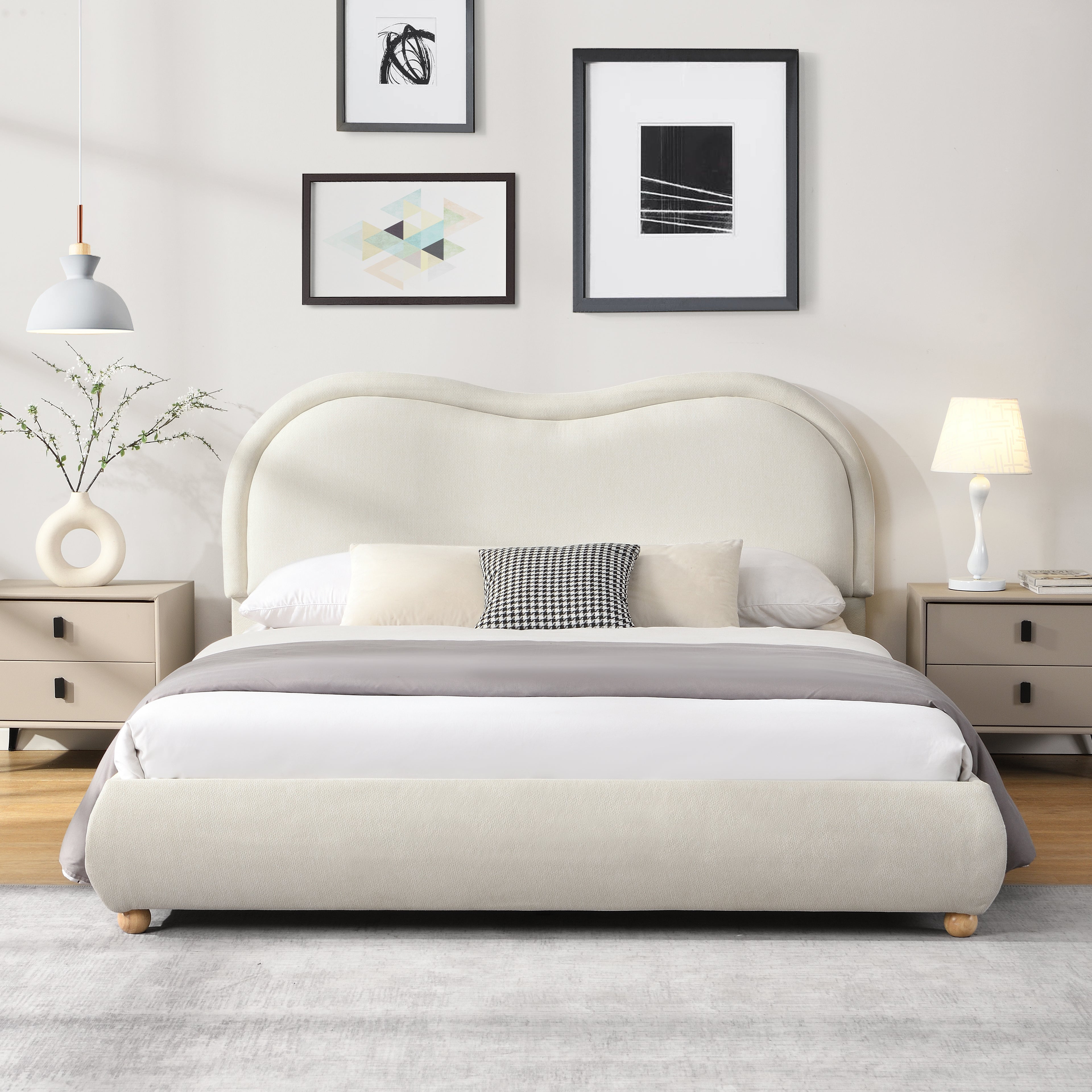 Dagmar Curved Oak Queen Platform Bed Frame