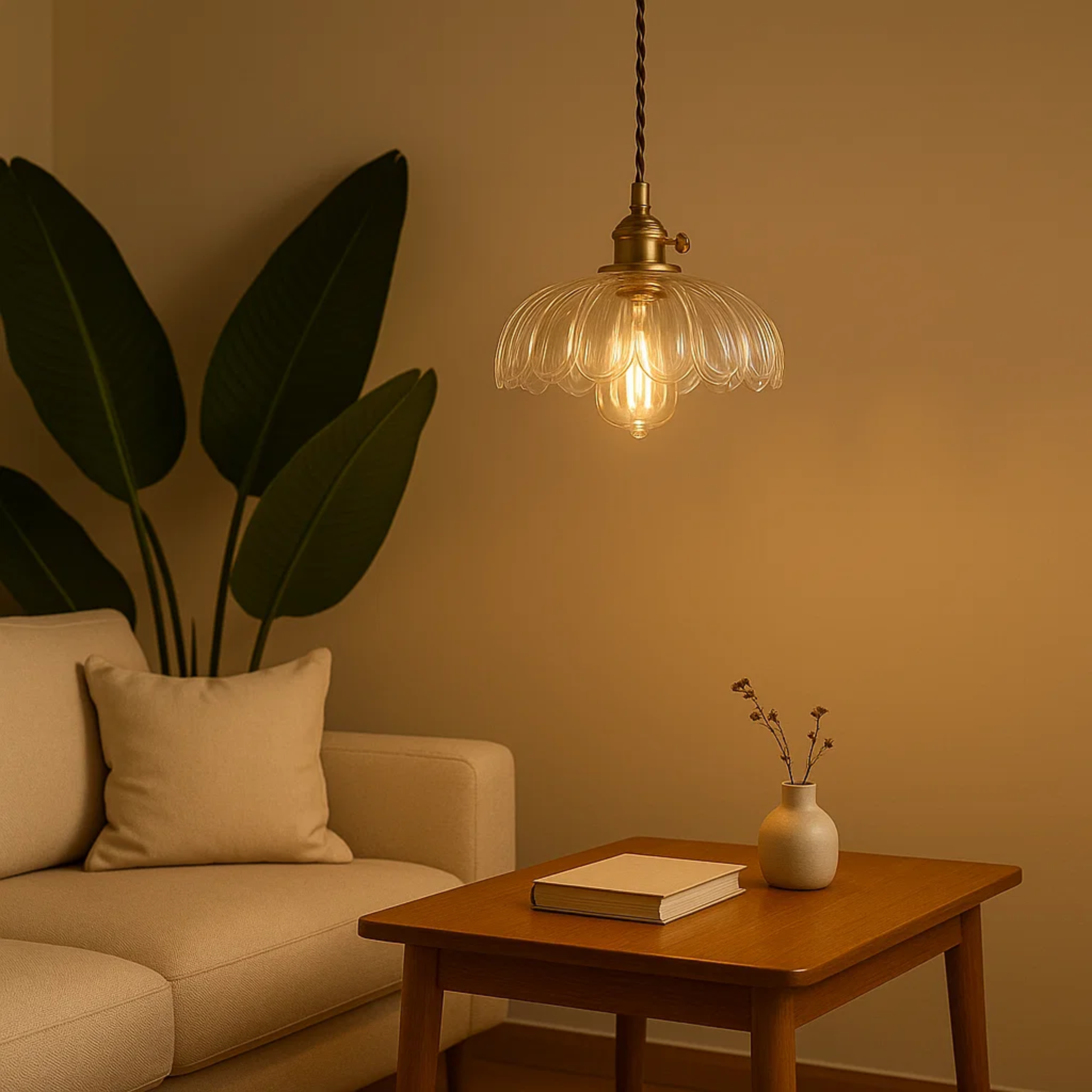 Klassieke bloemvormige glazen hanglamp met golvende rand