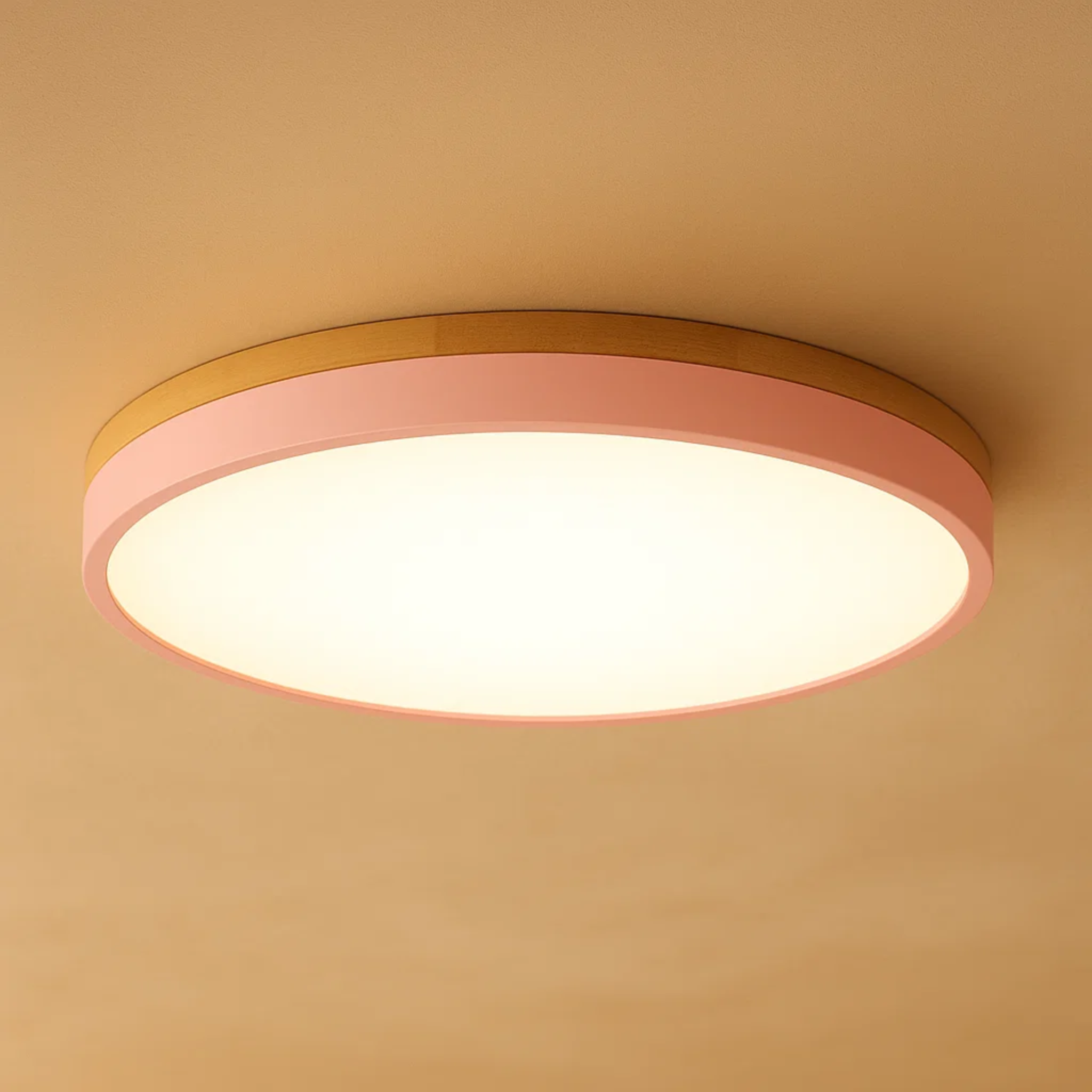 Ronde plafondlamp met warme houtlook en zacht