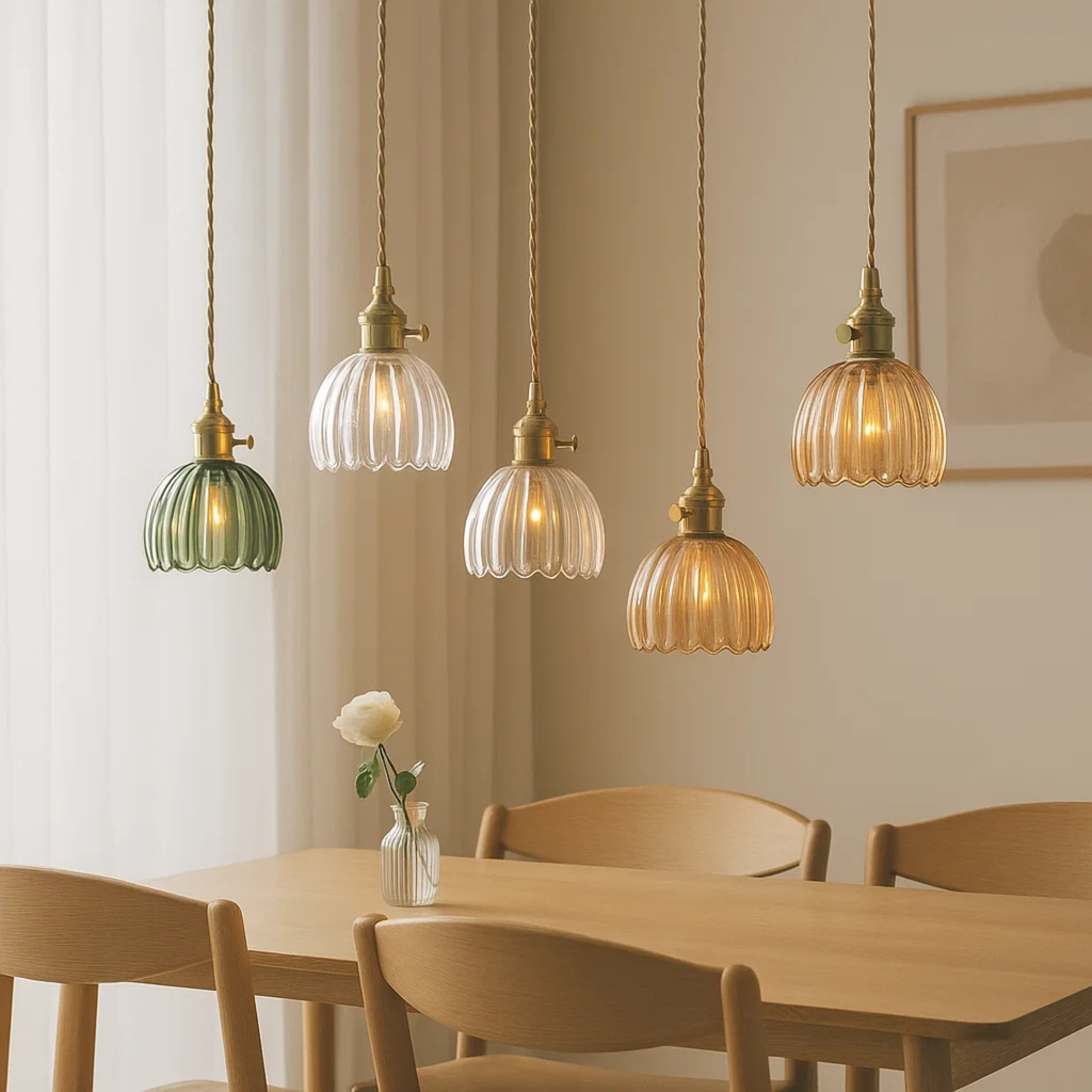 Klassieke hanglamp met bloemvormige gekleurde glazen kap