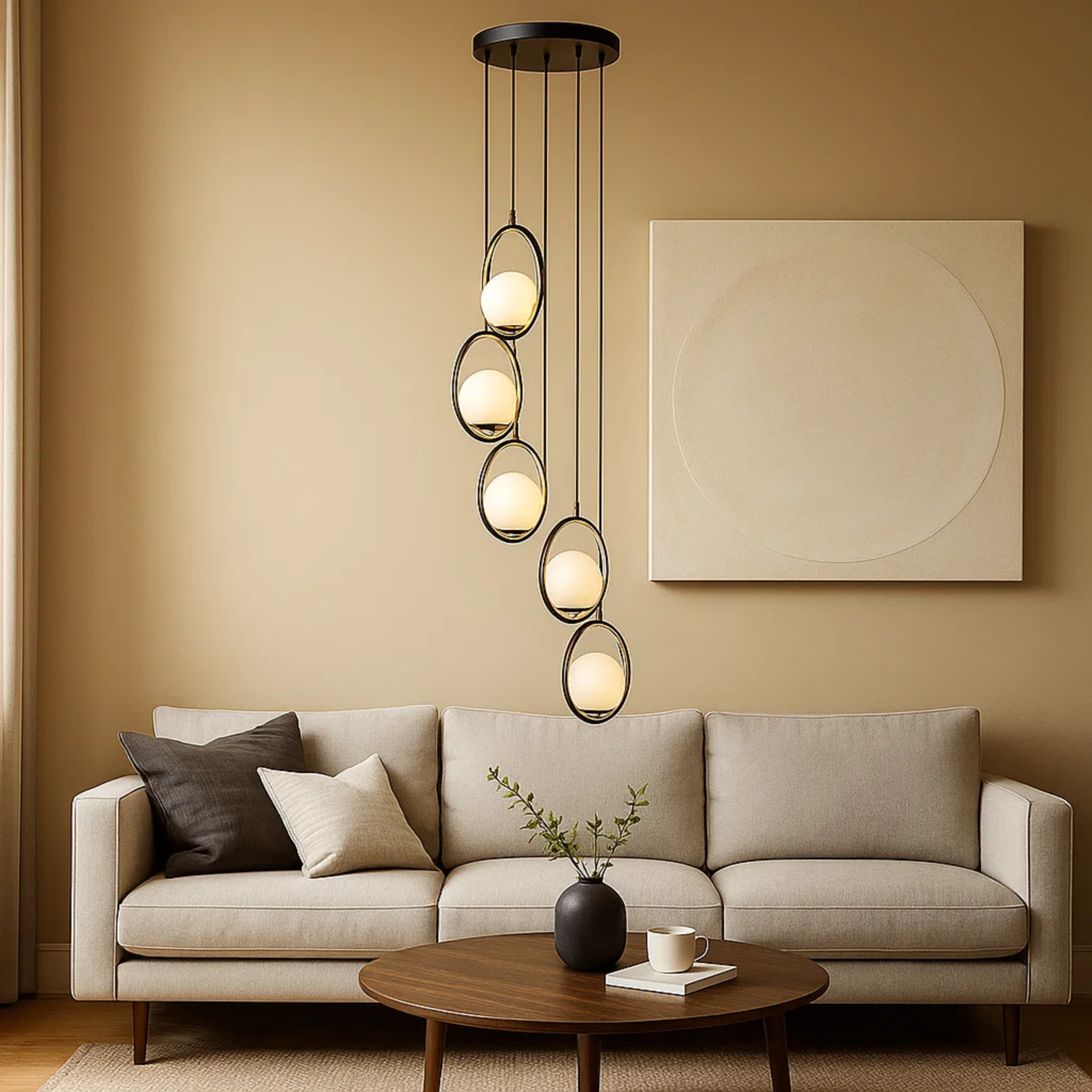Moderne hanglamp met cascaderende glasbollen in opaallook