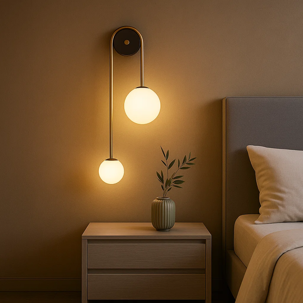 Moderne wandlamp met twee opaalglazen bollen in messing kleur