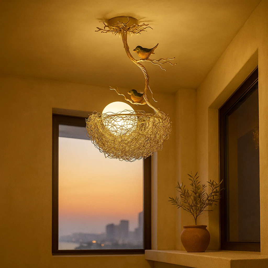 Decoratieve hanglamp met vogels en gevlochten nestkap