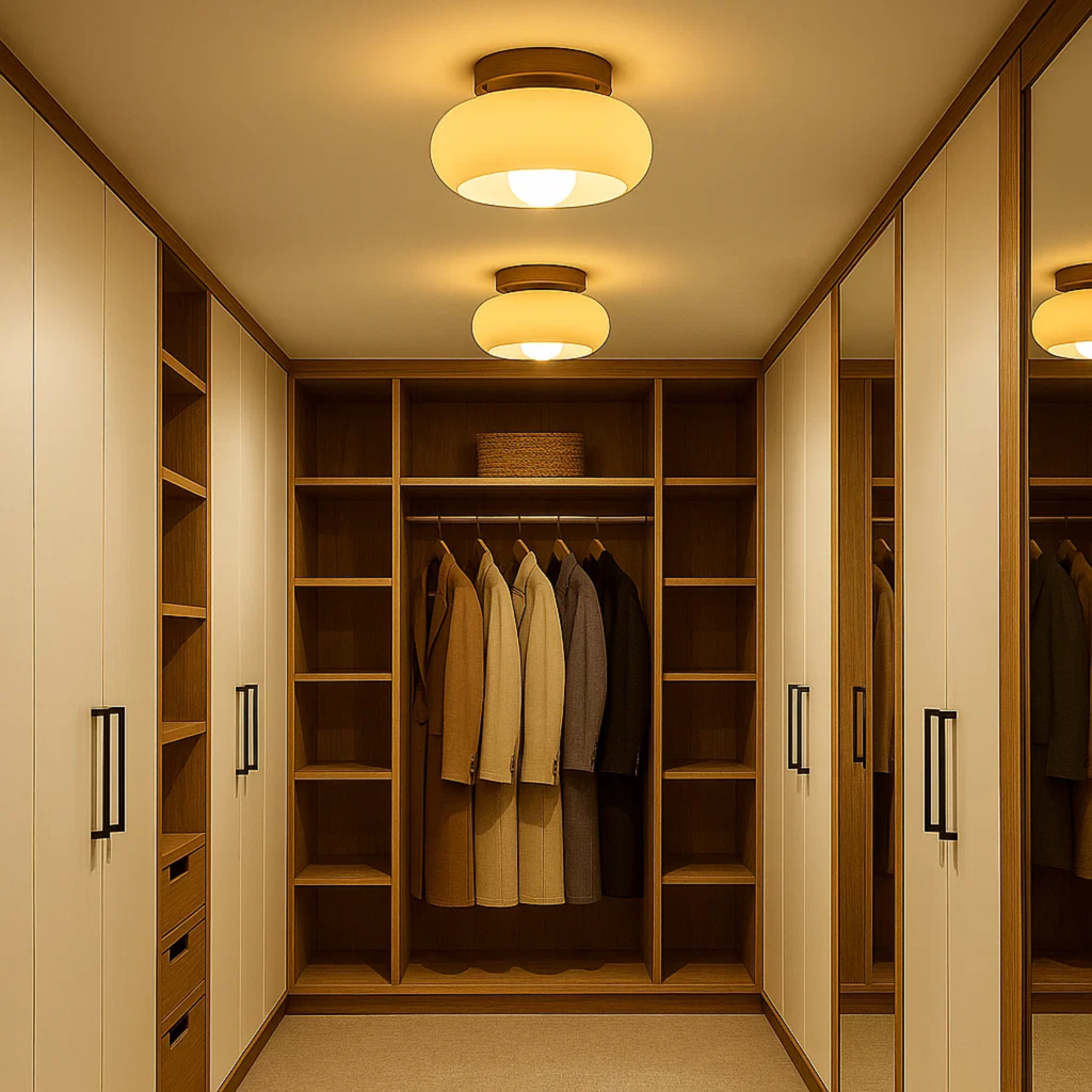 Plafondlamp met gekleurd glas en houtaccent