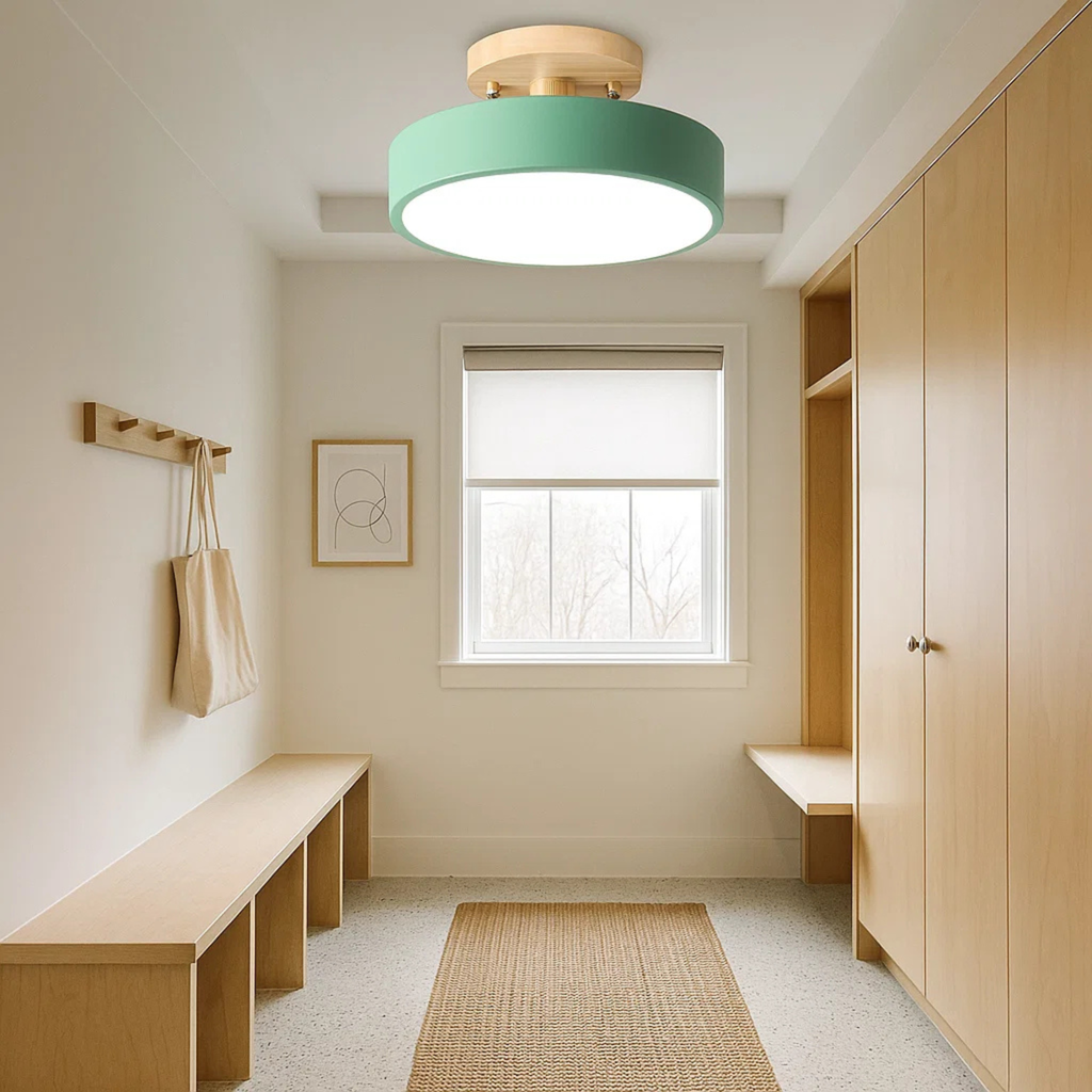 Scandinavian Ceiling Lamp with Low Iron Base and Wooden Drum Shade