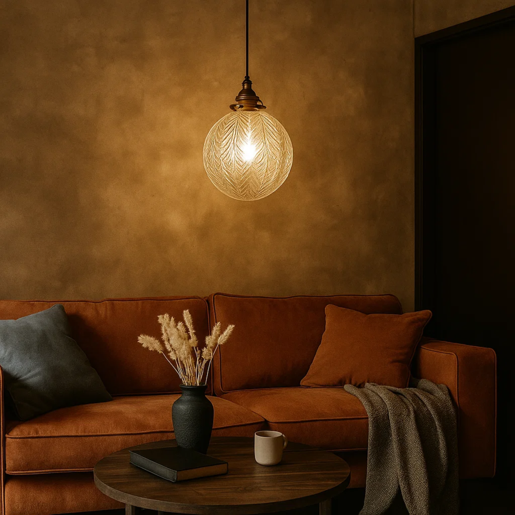 Klassieke hanglamp van grijs glas met verenpatroon