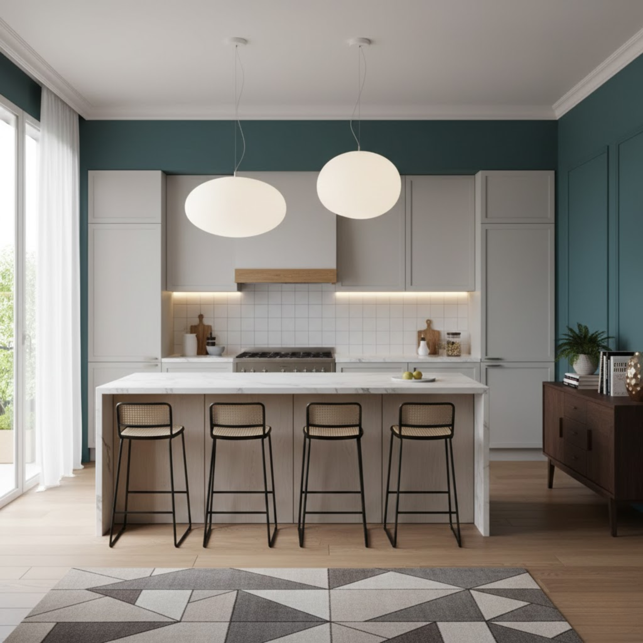 Moderne ovale hanglamp met witte glazen kap in meerdere maten