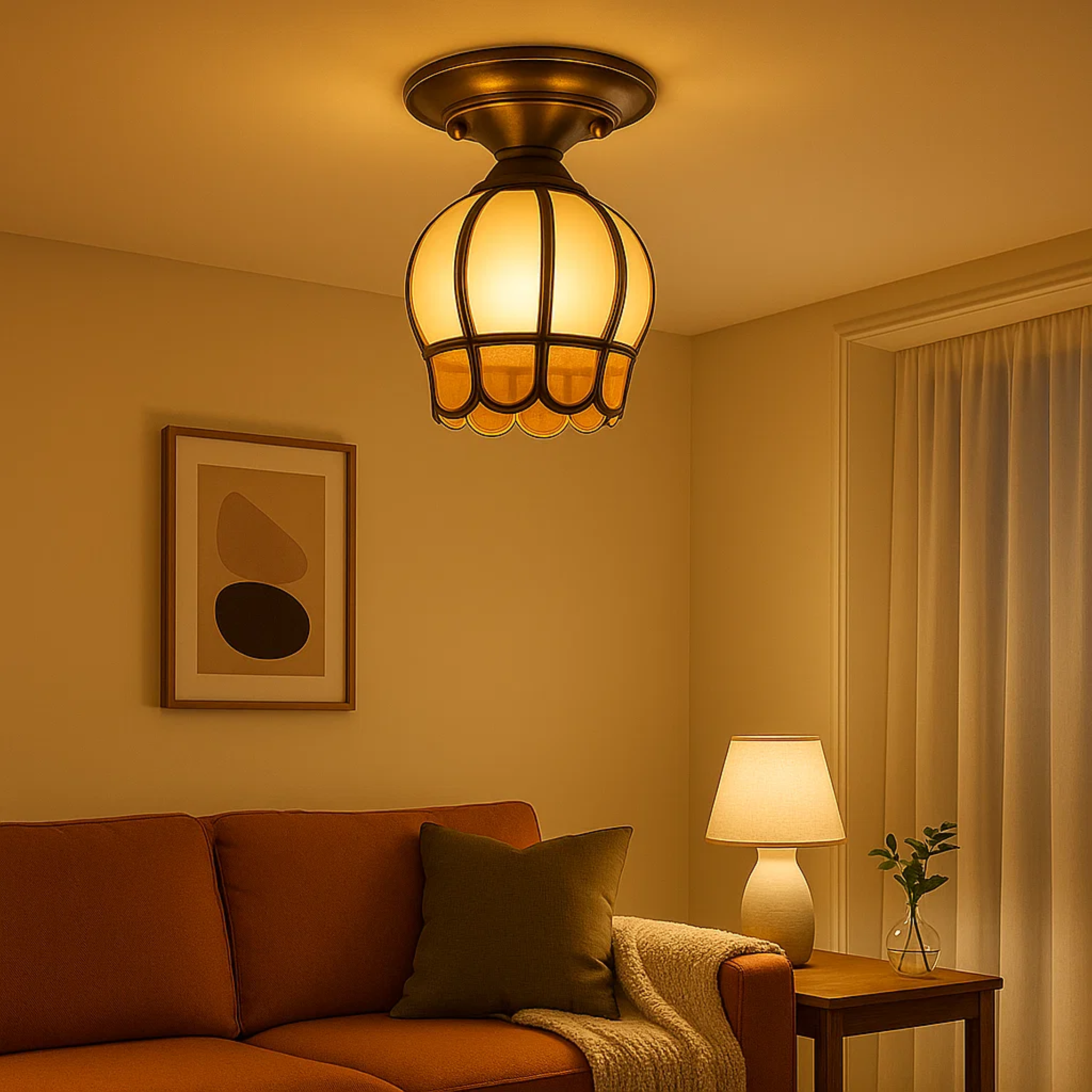 Klassieke messingkleurige plafondlamp met geschulpte kap