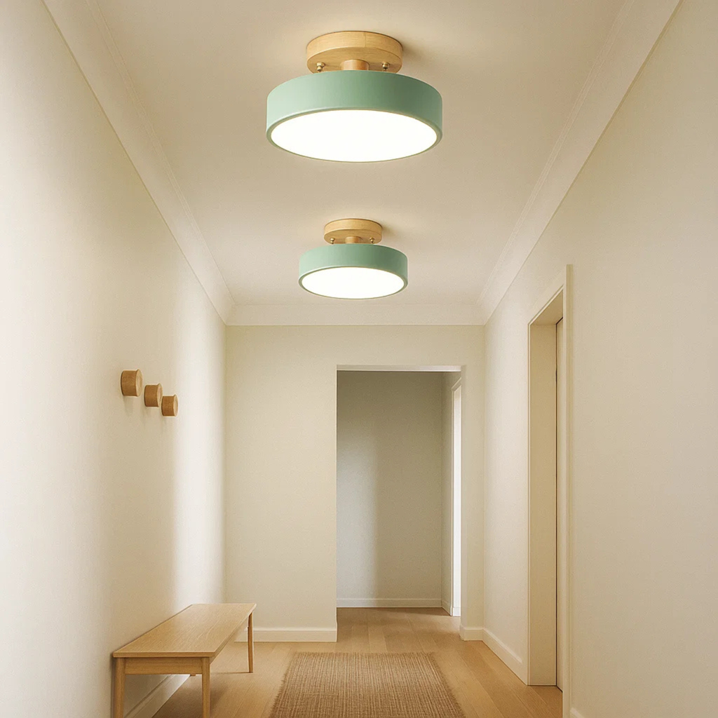 Scandinavian Ceiling Lamp with Low Iron Base and Wooden Drum Shade