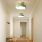 Scandinavian Ceiling Lamp with Low Iron Base and Wooden Drum Shade
