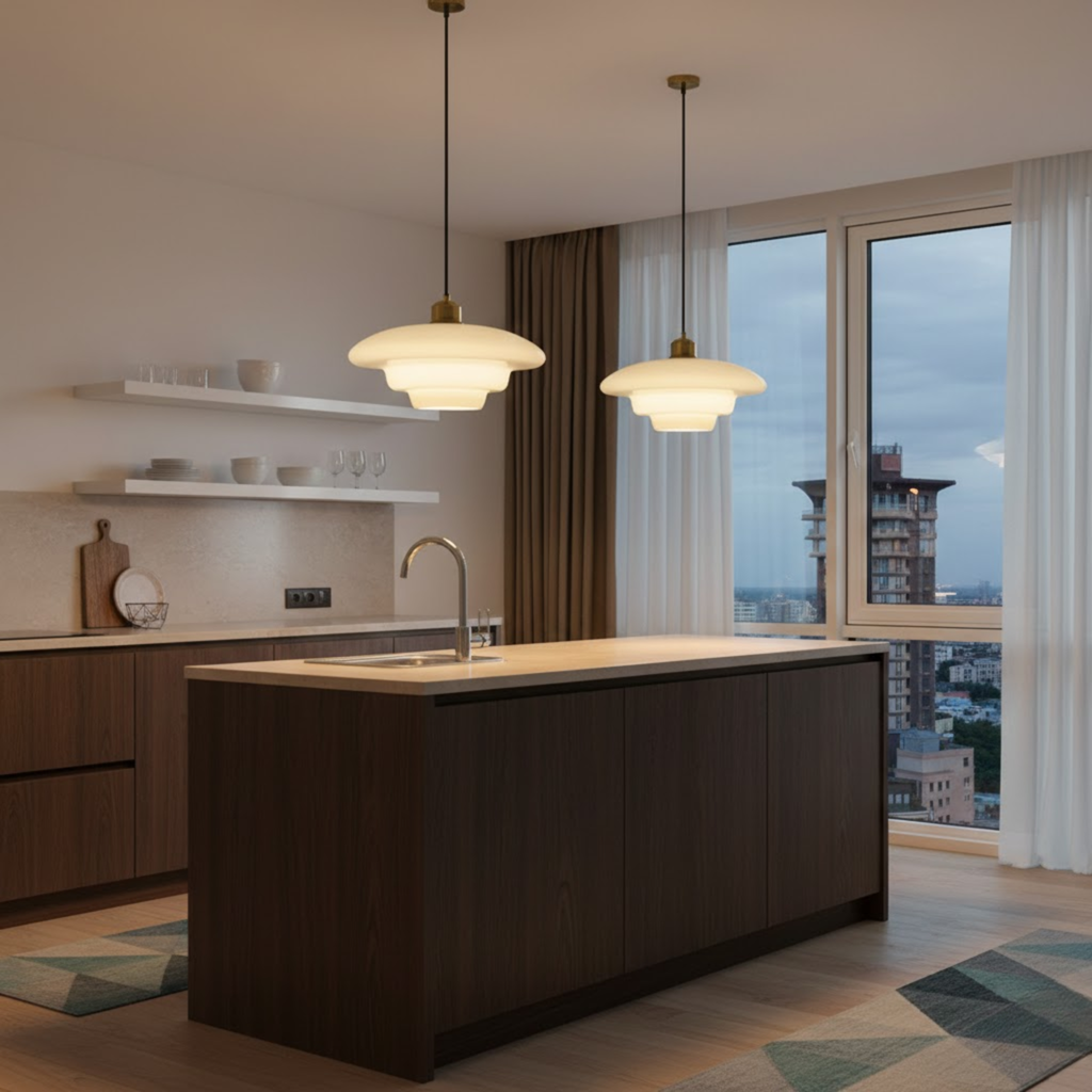 Witte glazen hanglamp in mid-centurystijl