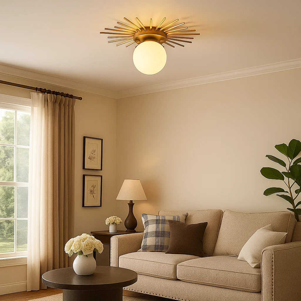 Modern Gold-Colored Ceiling Lamp with Spherical Frosted Glass Shade