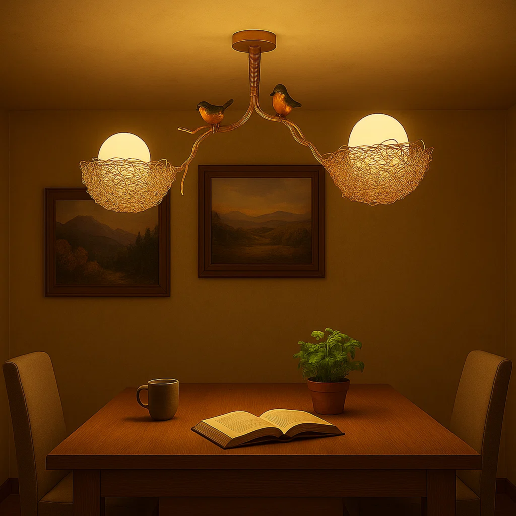 Decoratieve hanglamp met vogels en gevlochten nestkap