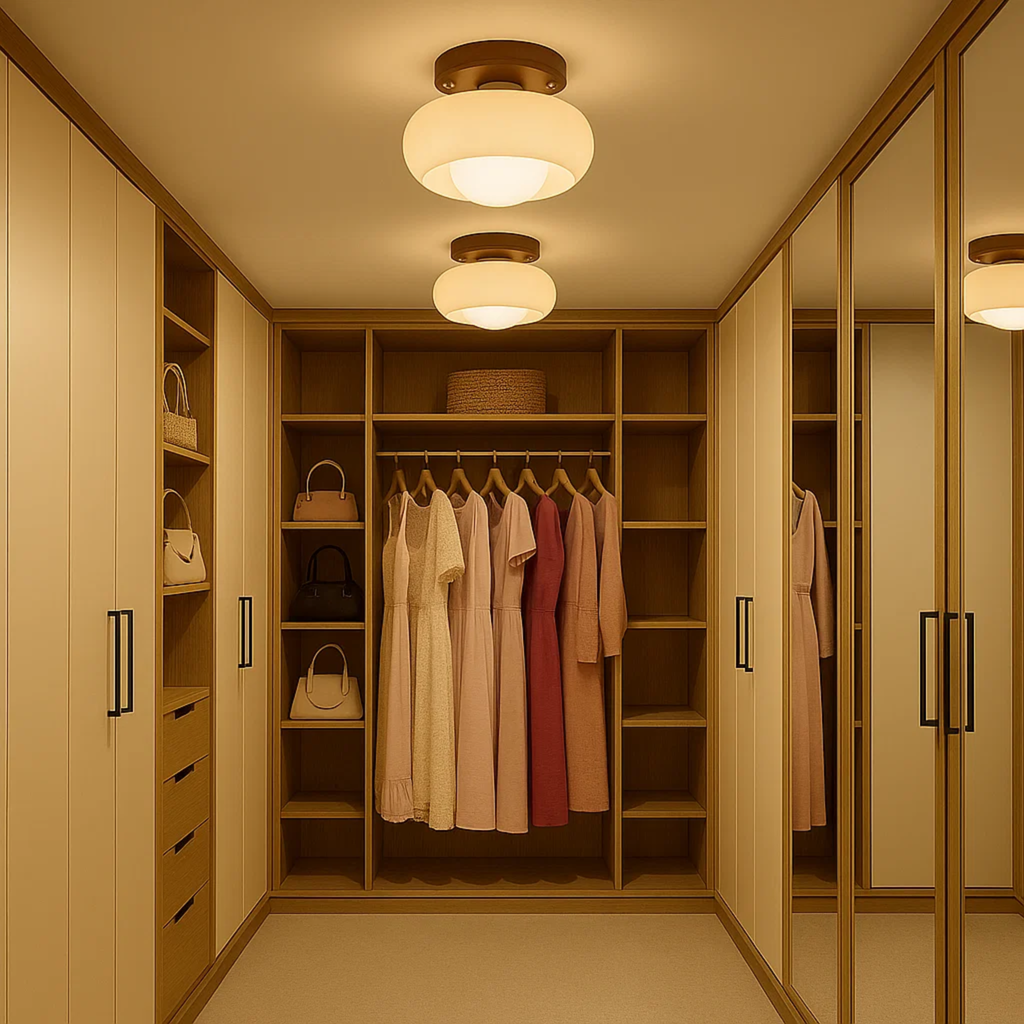 Plafondlamp met gekleurd glas en houtaccent