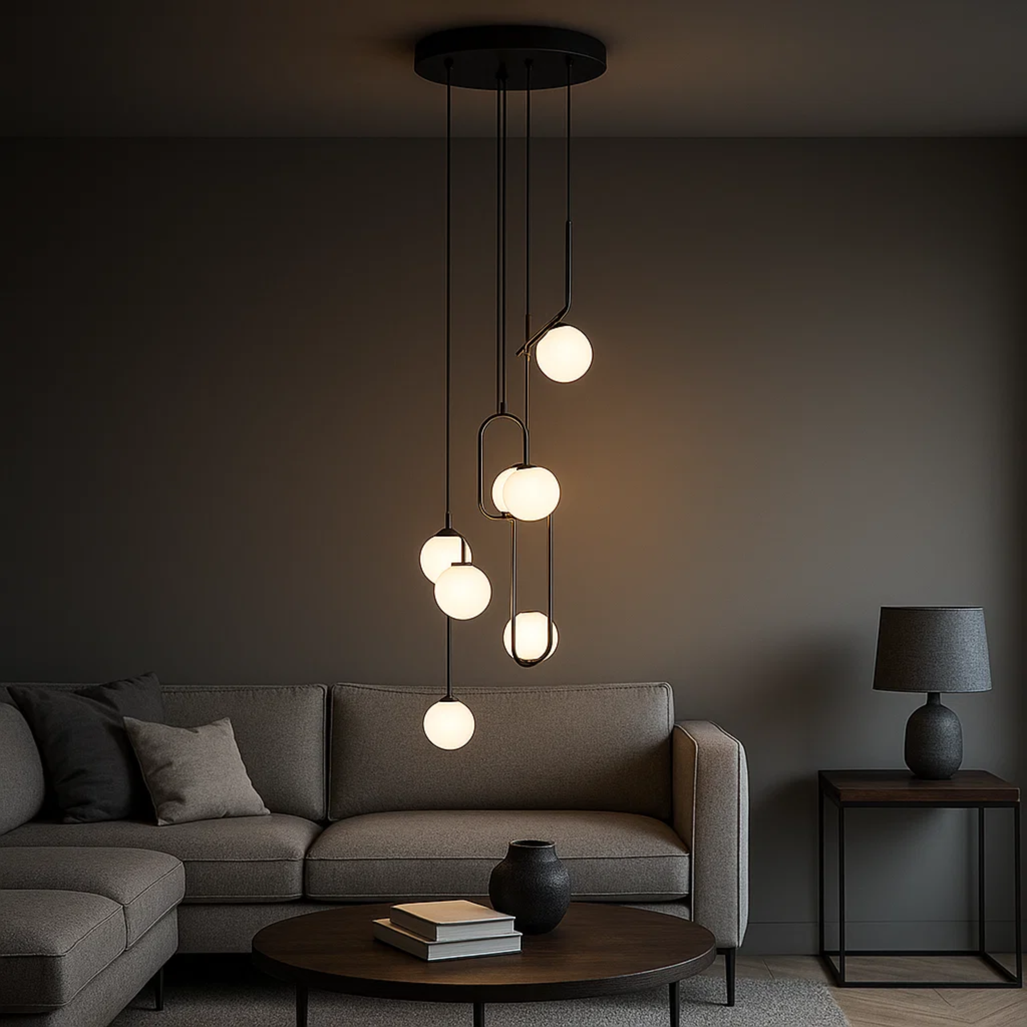 Moderne hanglamp met cascaderende glasbollen in opaallook