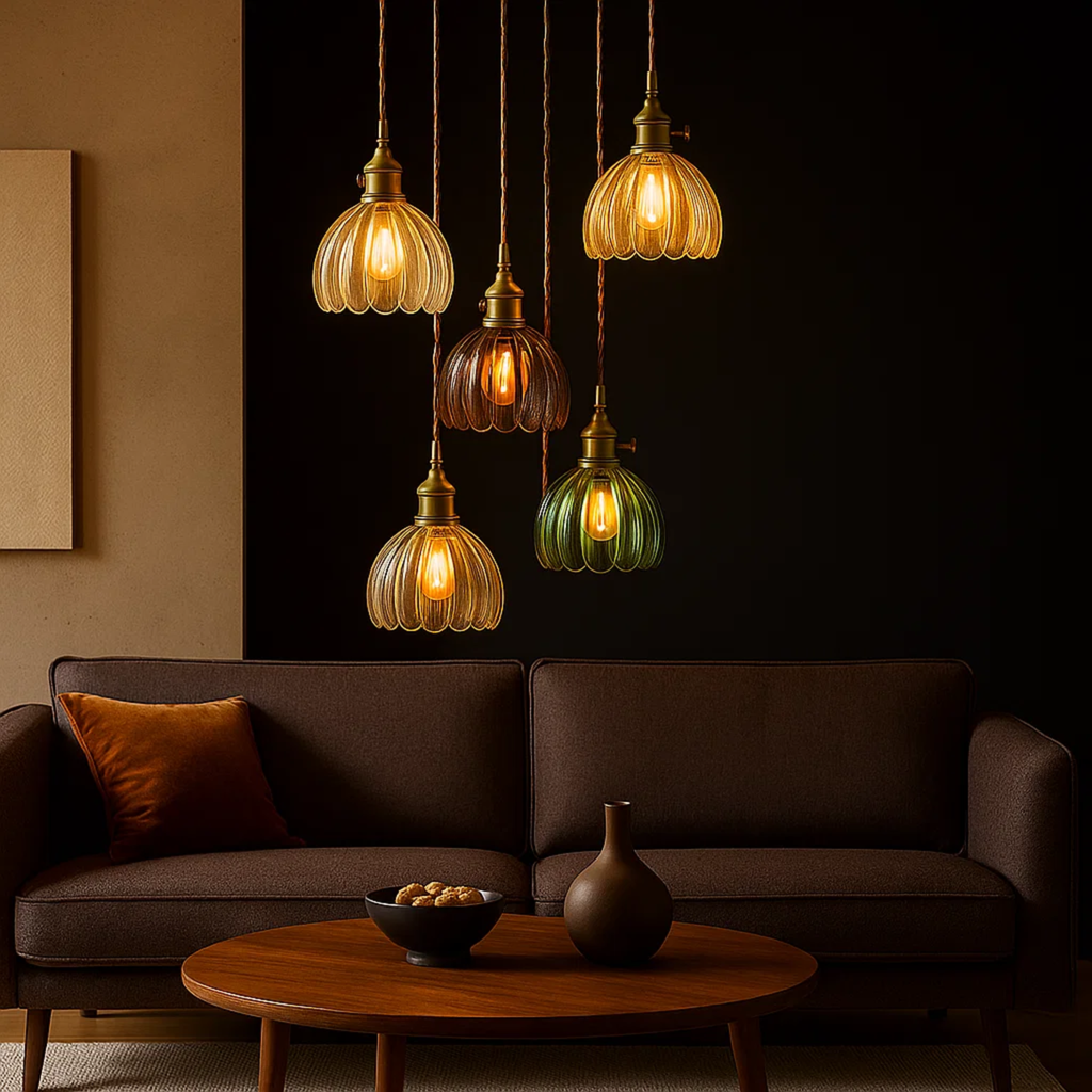 Klassieke hanglamp met bloemvormige gekleurde glazen kap