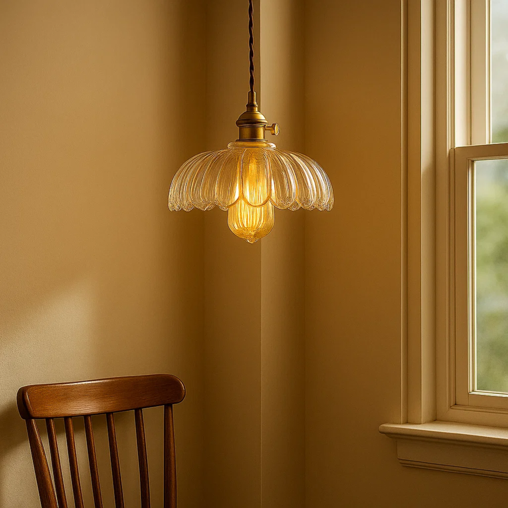 Klassieke bloemvormige glazen hanglamp met golvende rand