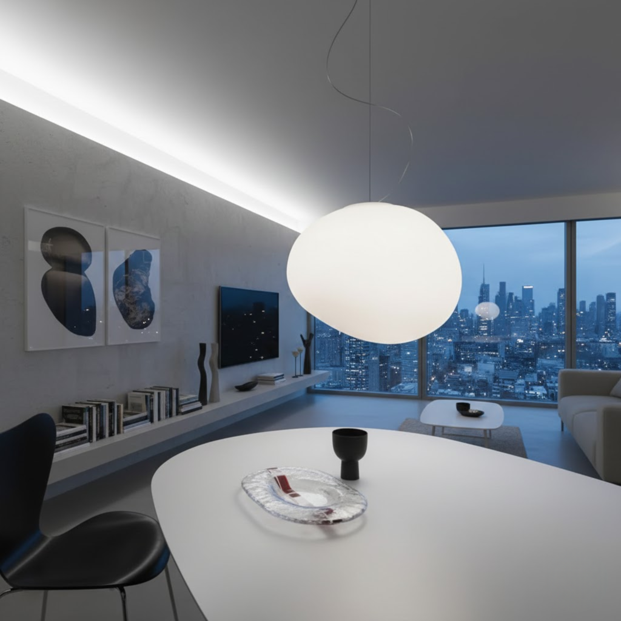Moderne ovale hanglamp met witte glazen kap in meerdere maten