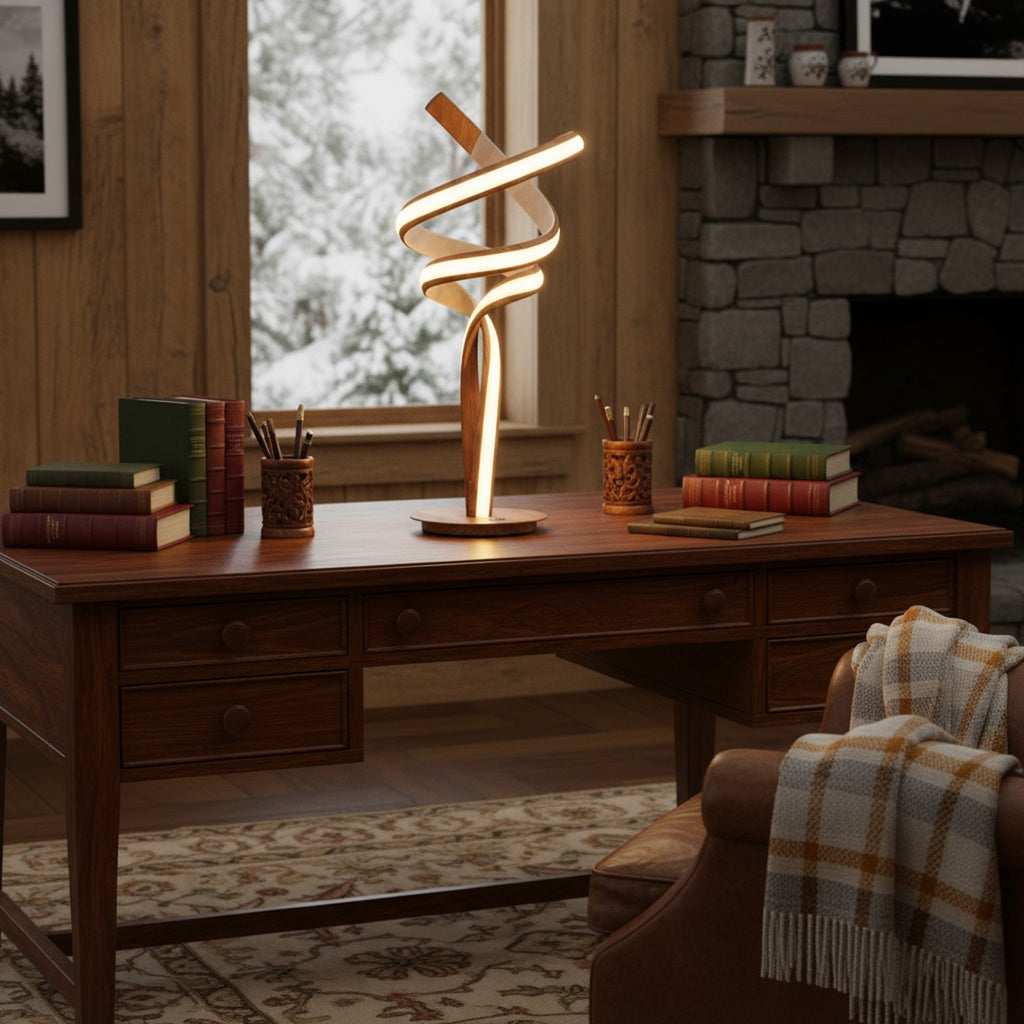 Munich Wood Table Lamp on writing desk in cabin study