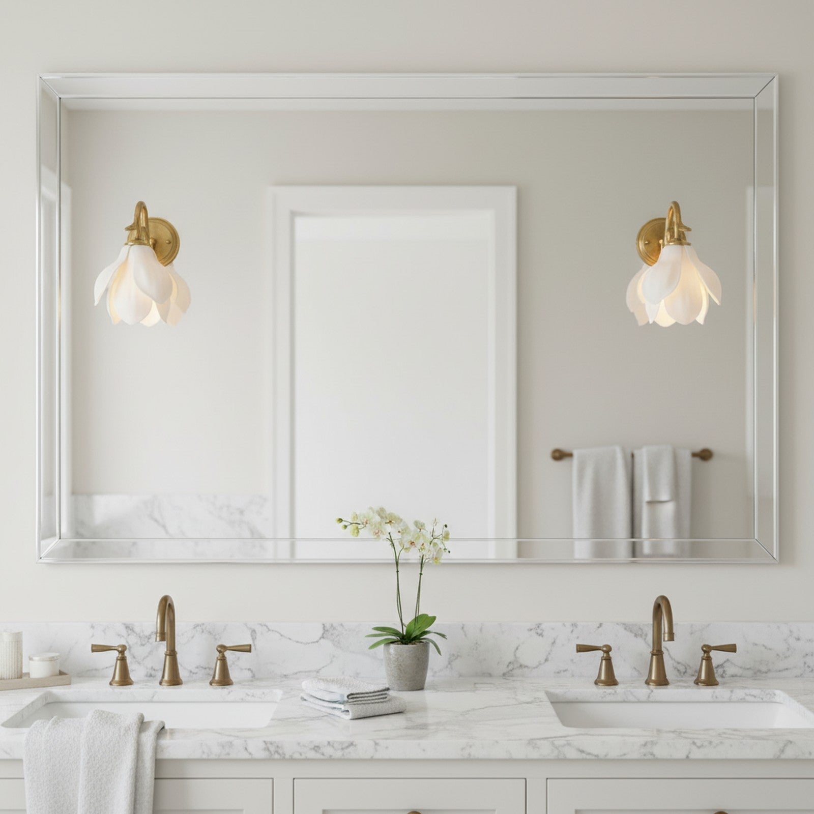 Liora Bloom Wall Lights flanking bathroom mirror