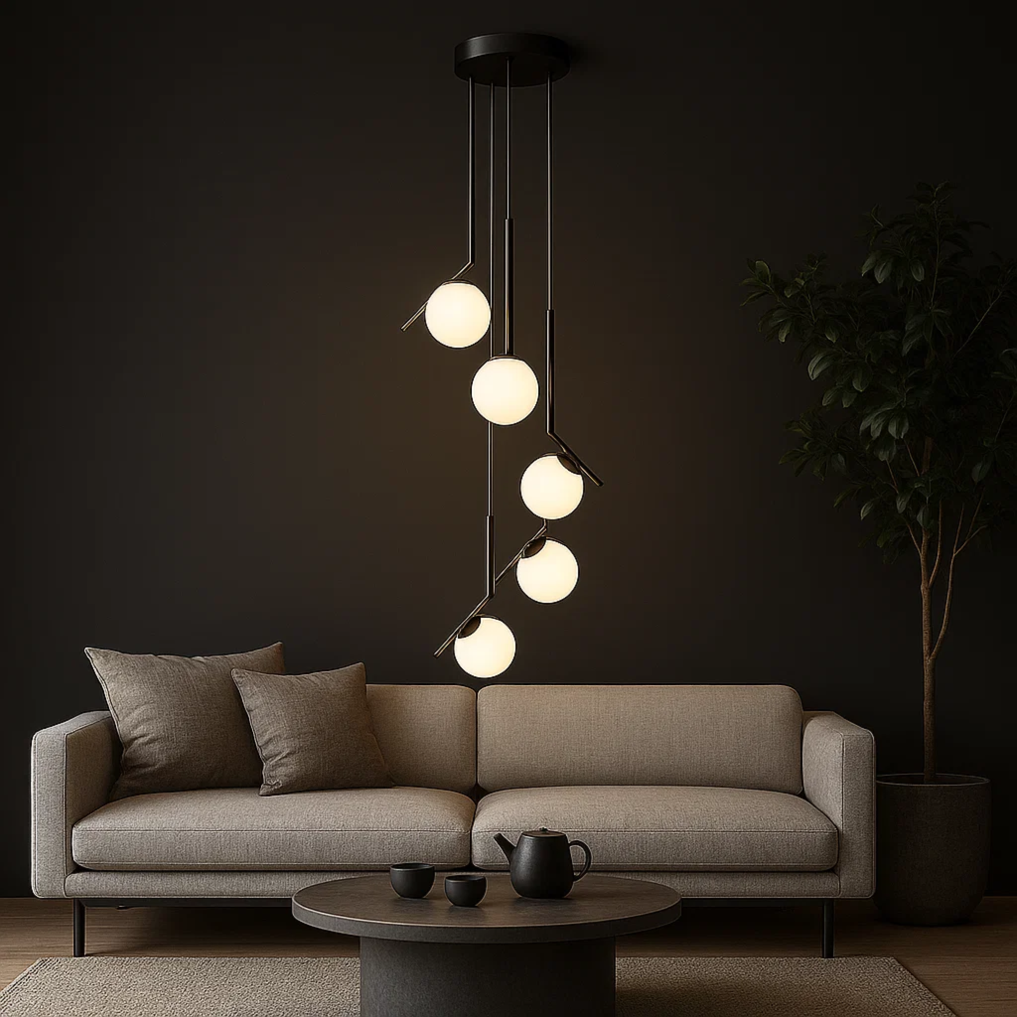 Moderne hanglamp met cascaderende glasbollen in opaallook