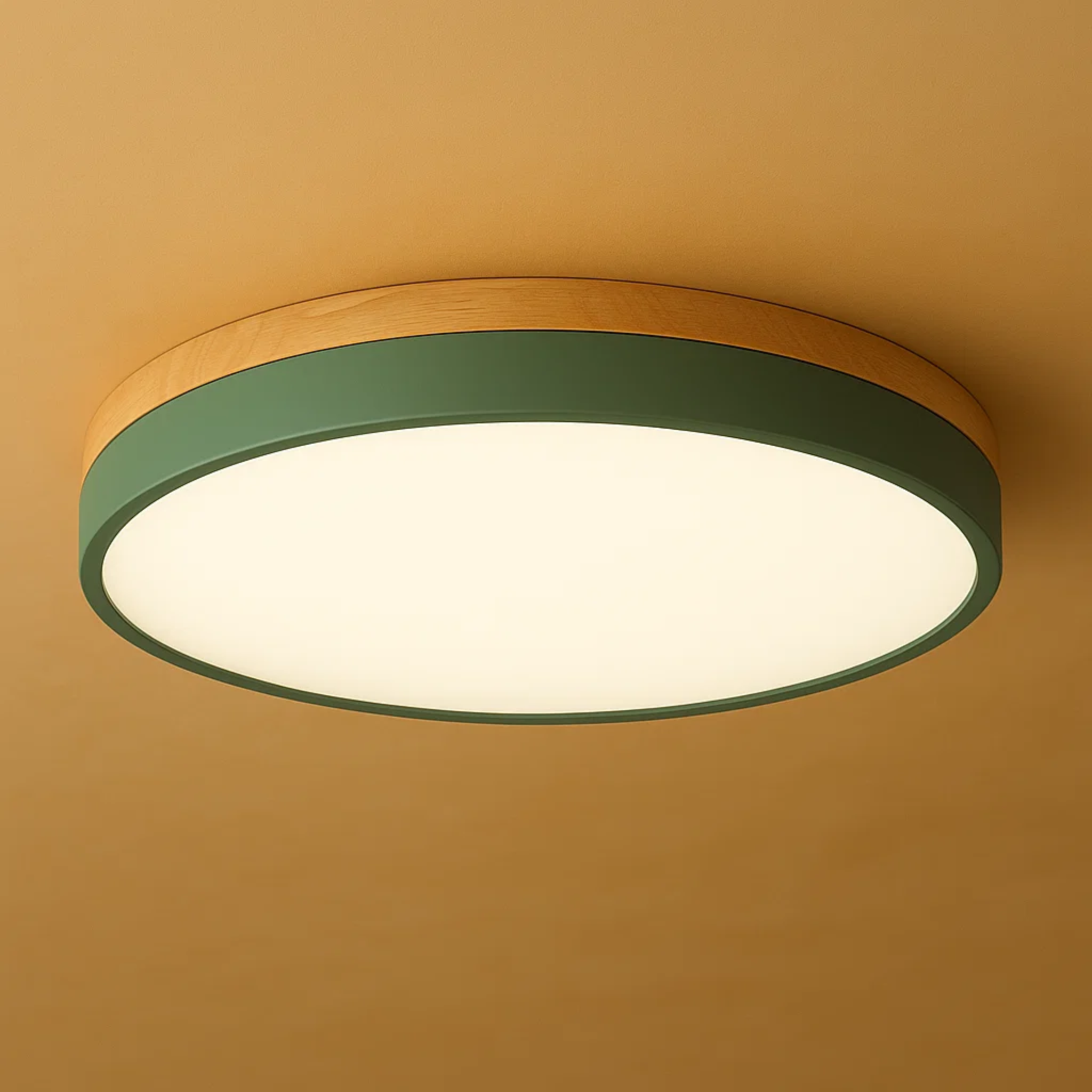 Ronde plafondlamp met warme houtlook en zacht