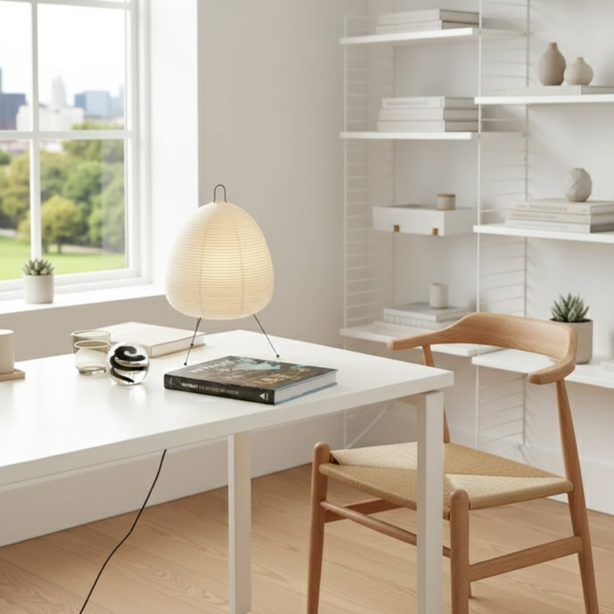 Japandi witte tafellamp met rijstpapieren kap