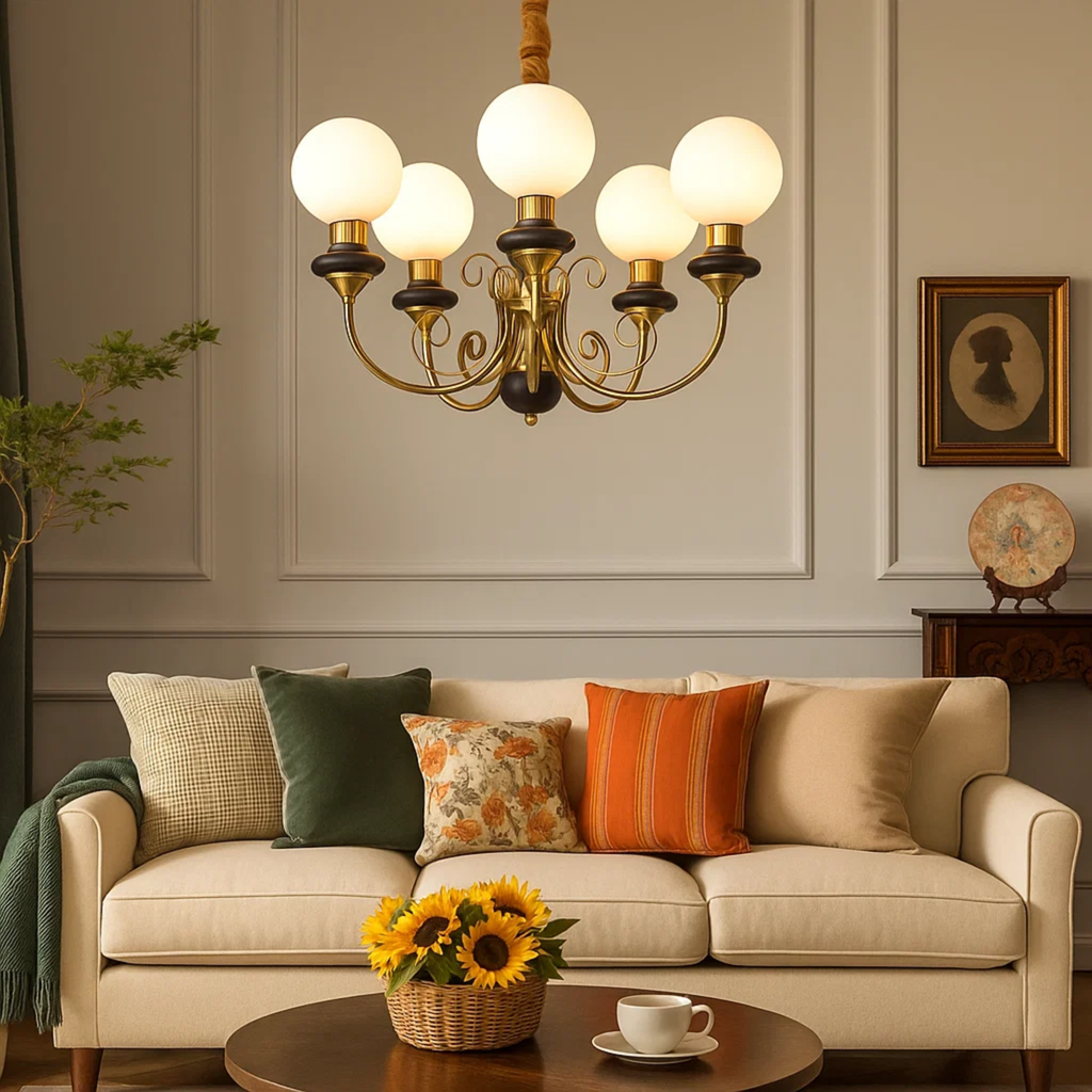 klassieke elegante kroonluchter met ronde witte bollen