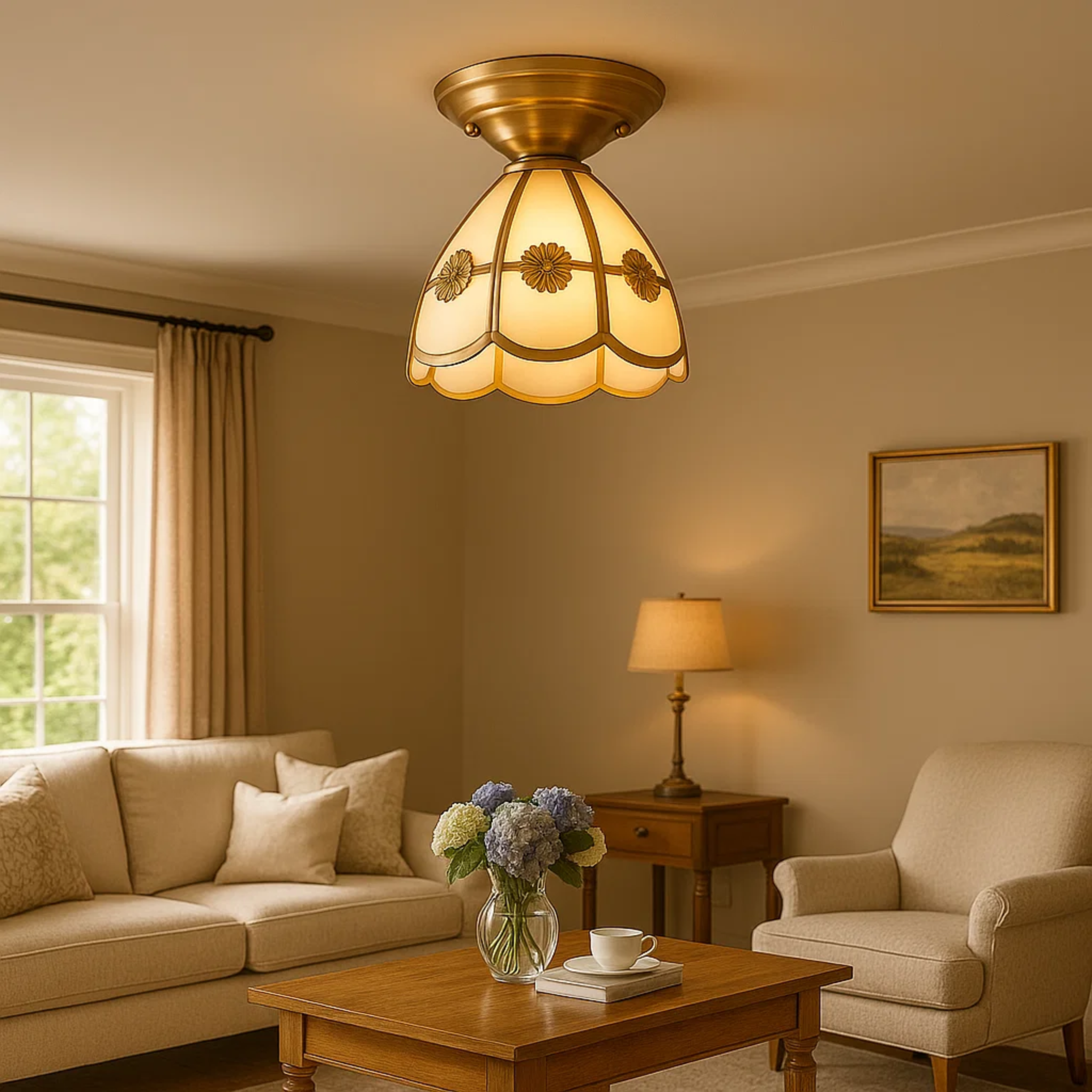 Klassieke messingkleurige plafondlamp met geschulpte kap