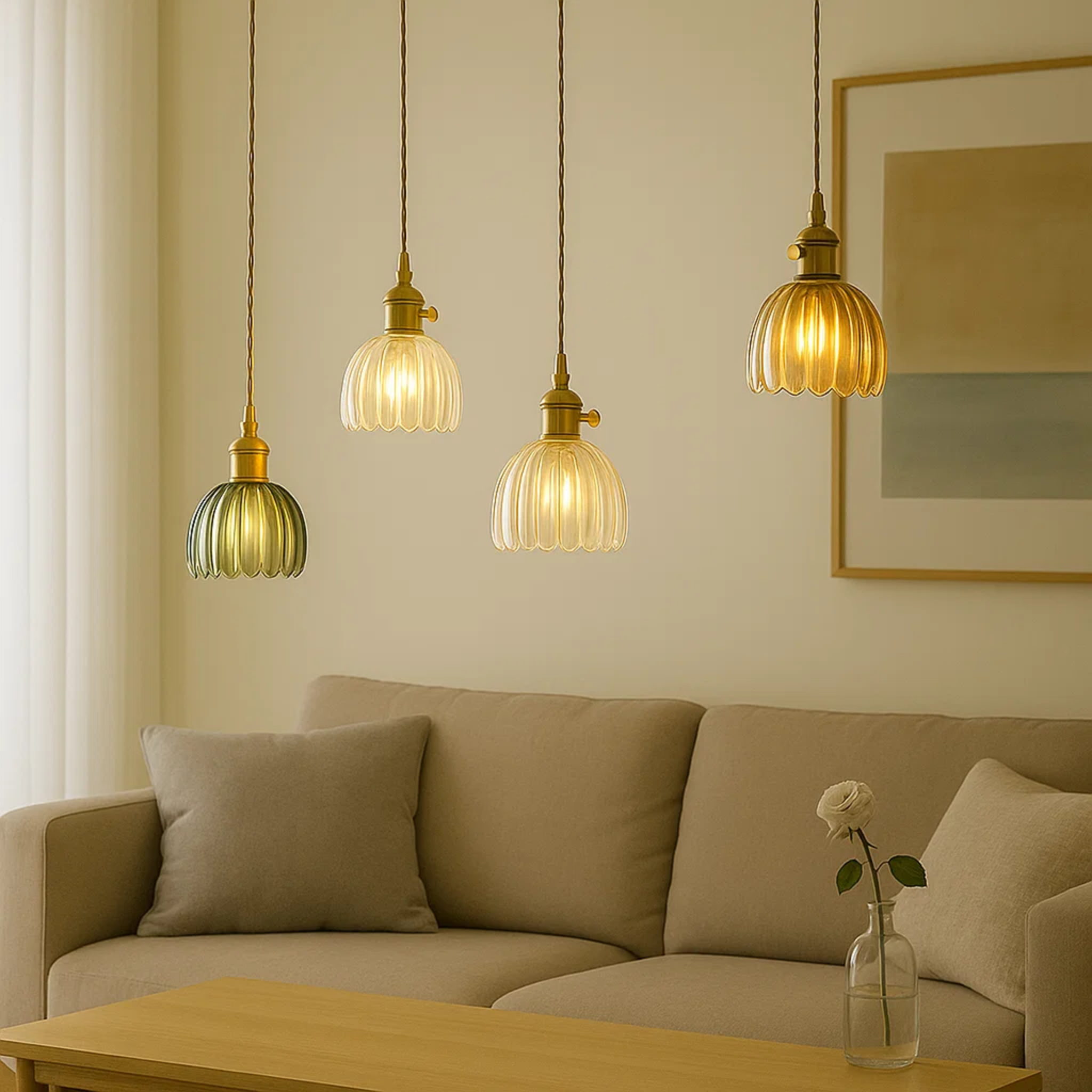 Klassieke hanglamp met bloemvormige gekleurde glazen kap