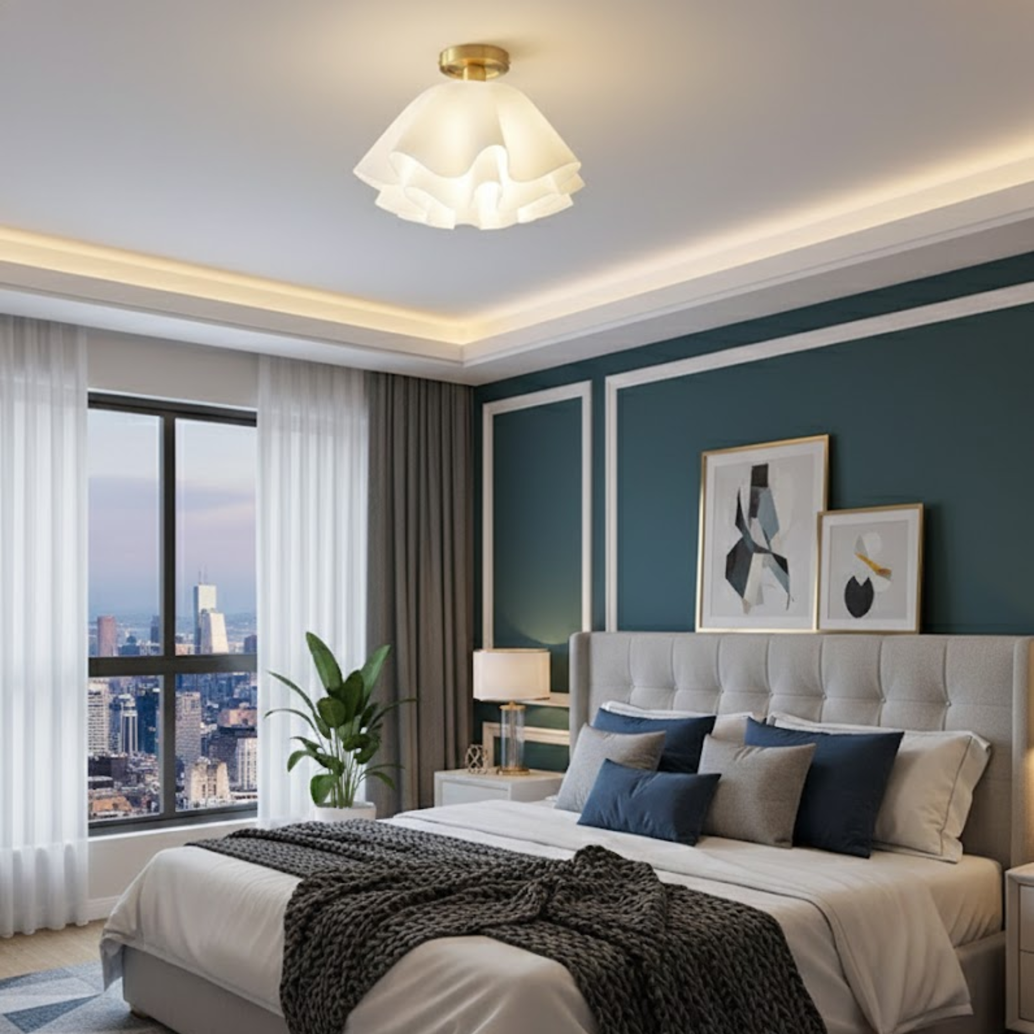 Moderne witte plafondlamp met golvende, meerlaagse kap