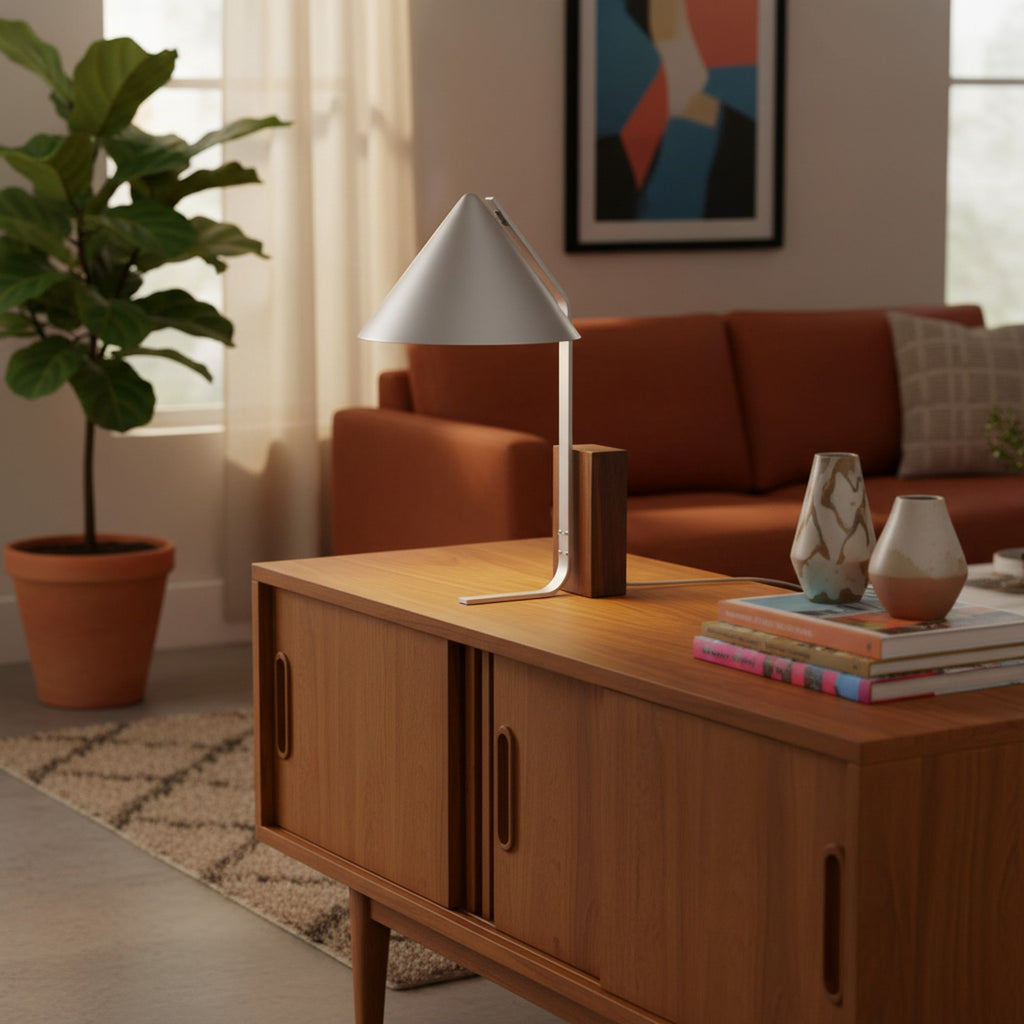 Neuf Cone Table Lamp on sideboard in mid-century modern room