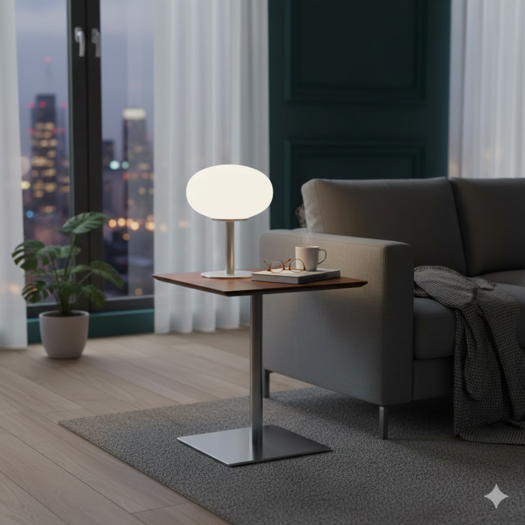 Retro tafellamp met ronde, tweedelige glazen kap